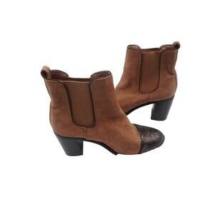 Anthropologie Vanessa Wu Suede Metallic Toe Brown Heeled Ankle Bootie Size 39